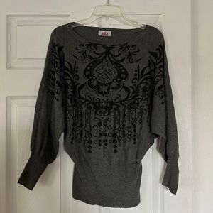 Grey Sweater with Black Print with sequins on the Front Sz M